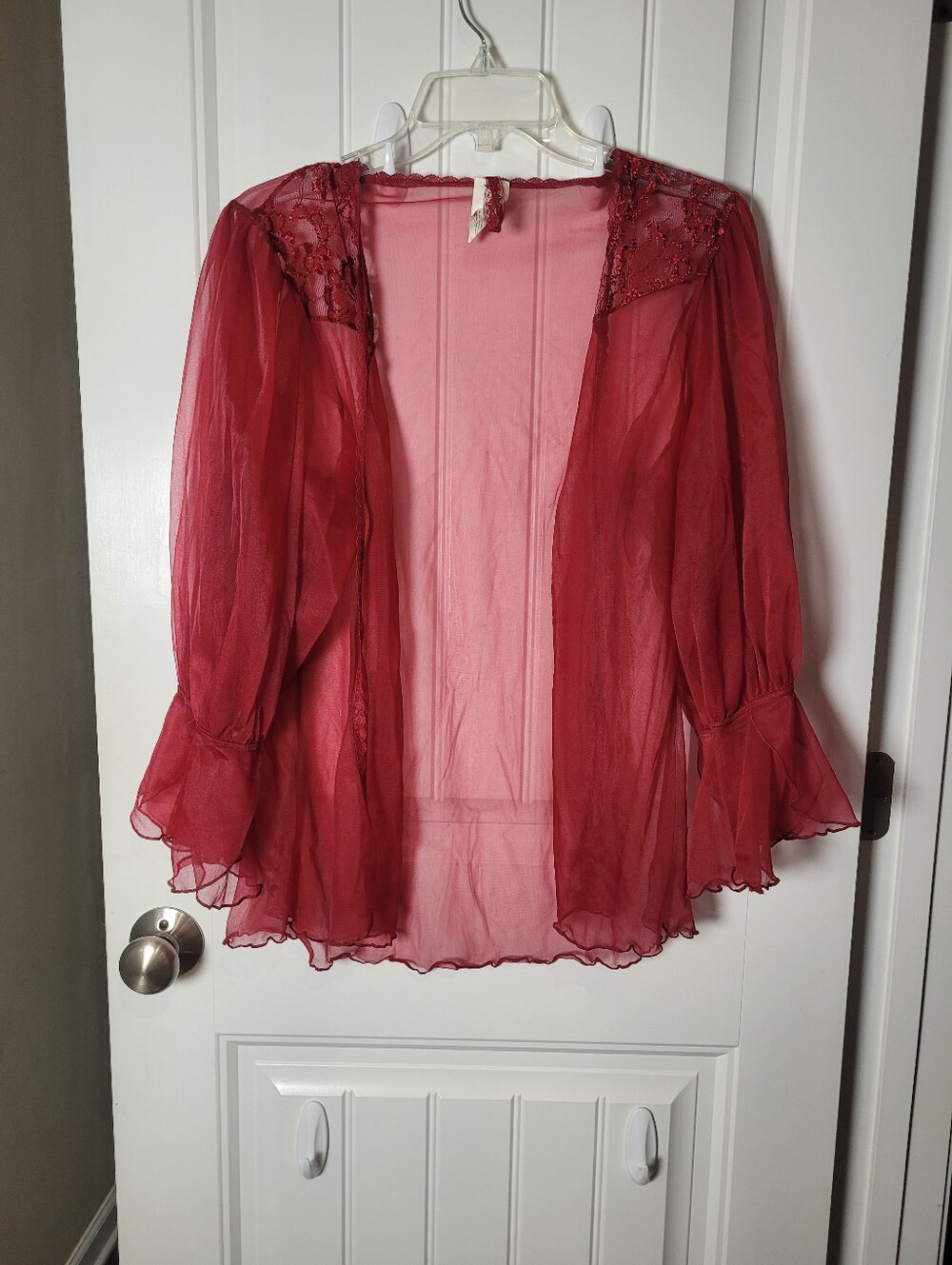Sheer Burgundy Red Lace-Shoulder Cardigan with ruffle sleeves.  Size L